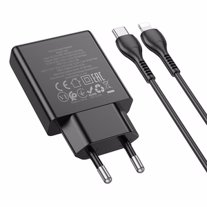 Įkroviklis telefonui Hoco Slim USB A + USB C QC3.0 PD 3A 20W + kabelis USB C į Lightning N38 juodas