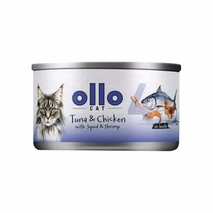 Ollo Cat No. 4 – šlapiasis kačių pašaras su tunu, vištiena, kalmarais ir krevetėmis sultinyje, 70 g