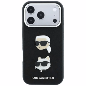 Karl Lagerfeld Saffiano Karl & Choupette Heads Pins & Logo dėklas, skirtas iPhone 18 Pro / 17 Pro – juodas