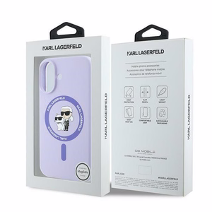 Karl Lagerfeld Silikoninis Karl&Choupette žiedas Magnetinis iPhone 16 dėklas - violetinis