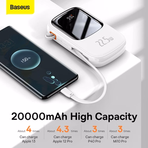 Baseus Qpow su skaitmenine indikacija išorinė baterija su greitu įkrovimu 20000mAh 22.5W QC/PD/SCP/FCP su įmontuotu USB-C kabeliu balta
