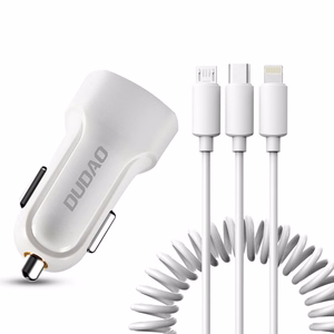 Įkroviklis automobilinis Dudao R7 (2xUSB; 2.4A) + 3in1 laidas lightning+micro+type-C baltas