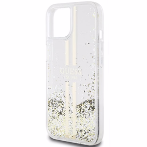 Guess Liquid Glitter Gold Stripes dėklas telefonui iPhone 15 Plus / 14 Plus - permatomas
