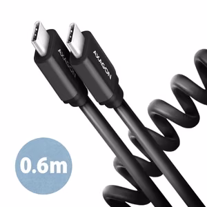 Axagon USB-C į USB-C laidas 0.6m 60W susukamas juodas BUCM-CM10TB
