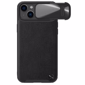 Nillkin CamShield Leather S dėklas iPhone 14 dėklas su kameros dangteliu juodas