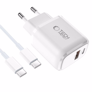 Tech-Protect NCA20 PD 20W QC3.0 USB-A / USB-C sieninis įkroviklis + USB-C / USB-C kabelis 100cm - baltas
