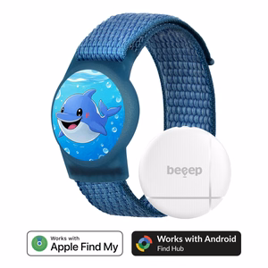 Поисковая метка Beeep OneTag с детским браслетом на застёжке Velcro, Dolphin, Apple Find My / Android