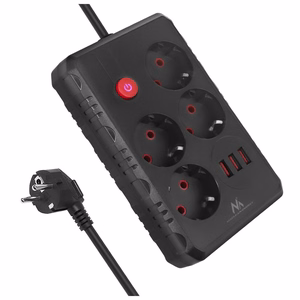 Maclean elektros paskirstytuvas, 4 lizdai + 3xUSB prailginimo laidas, 110–240 V kintama srovė, 50/60 Hz, 2,1 A, maks. 2500 W, 3 m, juodas, MCE393 B