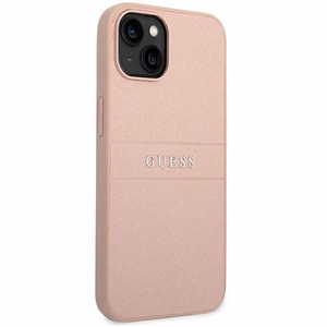 Guess GUHCP14MPSASBPI Saffiano with Metal Logo dėklas, skirtas iPhone 14 Plus, rožinis