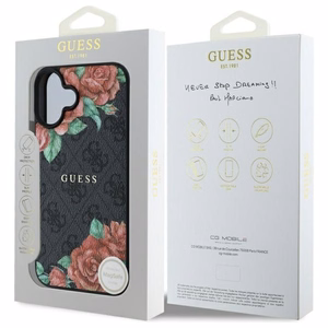 Guess GUHMP16SP4ROPEMCK iPhone 16 6.1" juodas/juodas kietas dėklas 4G Gėlių Raštas Magnetinis