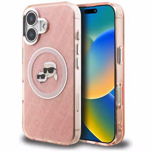Karl Lagerfeld IML Glitter Karl & Choupette Heads Logo MagSafe dėklas iPhone 16 - rožinis