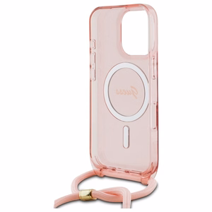 Guess Crossbody Cord Script Magnetinis dėklas iPhone 16 Pro - rožinis