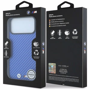 BMW dėklas, skirtas iPhone 18 Pro / 17 Pro: (Carbon Metal Logo), suderinamas su MagSafe, spalva – mėlyna