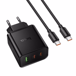 telefono įkroviklis Hoco 2x USB C + USB A QC3.0 PD 3A 65W + duomenų laidas USB C to USB C N75 juodas