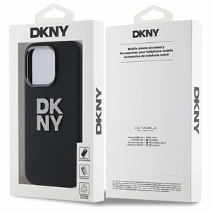 DKNY skystos silikoninės medžiagos dėklas telefonui su metaliniu logotipu iPhone 16 Pro Max - juodas