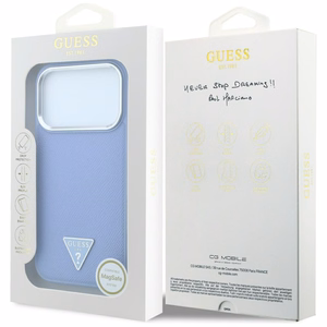 Guess Grained Triangle Logo dėklas, skirtas iPhone 18 Pro / 17 Pro, suderinamas su MagSafe – mėlynas