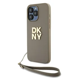 DKNY Dėklas telefonui su dirželiu ir logotipu iPhone 15 Pro - smėlio spalvos