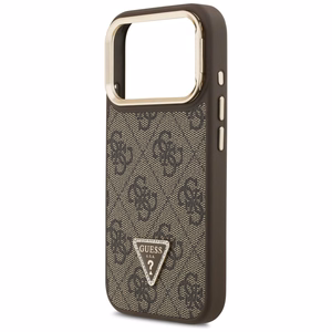 Guess 4G PU trikampio logotipo ir stovo kameros magnetinis dėklas telefonui iPhone 17 Pro - rudas