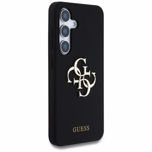 Guess Silikoninis Didelis 4G Logotipas apačioje su užrašu dėklas Samsung Galaxy S25 - juodas