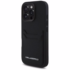 Karl Lagerfeld HC Grūdinto PU dėklas su kortelių skyriumi ir metaliniu Elong iPhone 16 Pro - juodas