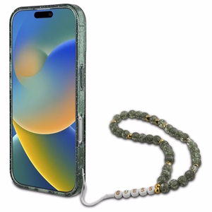 Guess IML Blizgantis su perlo dirželiu Magnetinis dėklas telefonui iPhone 16 Plus - žalias