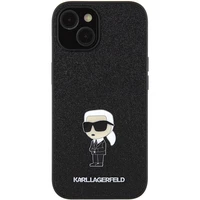 Karl Lagerfeld Fiksuotas blizgučių Ikonik logotipas metalinis kaištis dėklas iPhone 15 - juoda