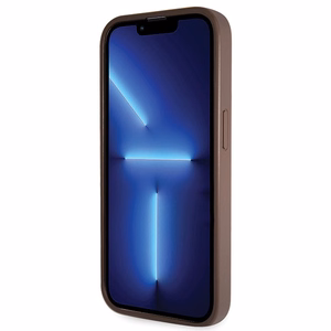 Guess GUHCP14LP4TDSCPW dėklas iPhone 14 Pro - rudas kryžminis 4G metalinis logotipas