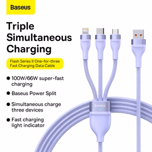 Baseus kabelis Flash Series II 3 in 1 - USB į Type C, Lightning, Micro USB - 100W 6A 1,2 metrai (CASS030005) violetinis