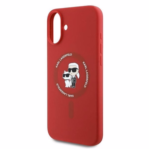 Karl Lagerfeld silikoninis Magnetinis dėklas telefonui iPhone 16 Plus su Karl & Choupette galvų žiedu - raudona