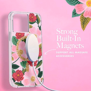 Rifle Paper Clear MagSafe dėklas, skirtas iPhone 14 Plus, su aukso spalvos dekoru, „Rose Garden“ rašto