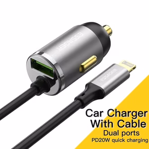 Automobilinis įkroviklis Essager „Bee" pilkas (1xUSB) + integruotas „Lightning" laidas 20W