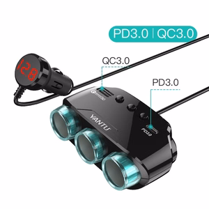 Automobilio cigarečių degiklio lizdo daliklis LM21 - 3 lizdai + USB + Type C - QC 3.0 PD 3A 122W su ekranu ir laidu