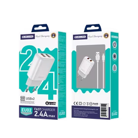 JELLICO tinklinis įkroviklis EU02 2.4A 12W 2xUSB + laidas Micro Baltas