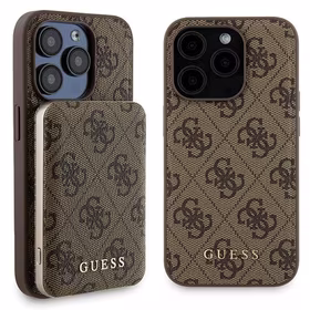 Guess 4G Metal Logo dėklas telefonui rinkinys iPhone 15 Pro Max + 5000mAh Magnetinė išorinė baterija - ruda