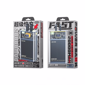 WEKOME WP-325 Vanguard Series išorinė baterija, 20000 mAh, PD 20 W + QC 22,5 W, su integruotais USB-C ir Lightning laidais, juoda ir skaidri
