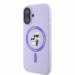 Karl Lagerfeld Silikoninis Karl&Choupette žiedas Magnetinis iPhone 16 dėklas - violetinis