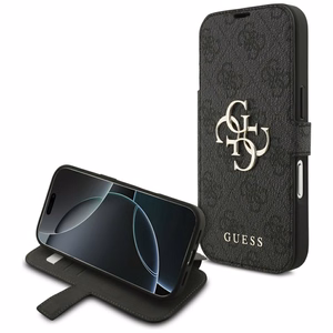 Guess Book 4G Metal Logo atverčiamas dėklas, skirtas iPhone 18 Pro / 17 Pro, juodas