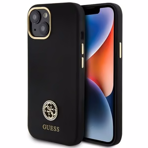 Guess silikoninis Logo Strass 4G dėklas telefonui iPhone 15 - juodas