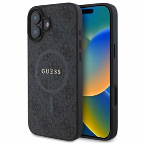Dėklas telefonui Guess 4G Žiedinis Klasikinis Logotipas MagSafe iPhone 16 - juodas