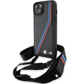 BMW M Edition anglies trispalvės linijos ir dirželis dėklas telefonui iPhone 15 Plus / 14 Plus - juodas