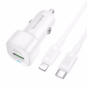 "Borofone" automobilinis įkroviklis BZ34B Cloud - USB + C tipo - QC 3.0 PD 38W su C tipo "Lightning" kabeliu, baltos spalvos