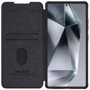 Nillkin Qin Pro dėklas telefonui Samsung Galaxy S25 Ultra su atvartu ir kameros dangteliu - Juodas