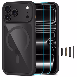 Tech-Protect MagOne CC MagSafe dėklas su 2 grūdintais stiklais, skirtas iPhone 18 Pro Max / 17 Pro Max, skaidrus juodas