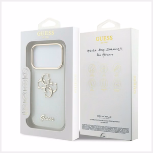 Guess IML 4G Script Metal dėklas, skirtas iPhone 18 Pro / 17 Pro, baltas