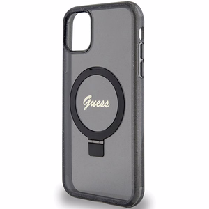 Guess Ring Stand Script Glitter Magnetinis dėklas telefonui iPhone 11 / Xr - juodas