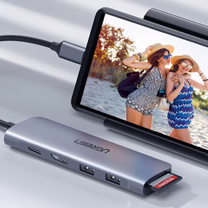Ugreen CM195 6in1 adapteris USB-C - HDMI / 2x USB-A 3.0 / USB-C PD / SD / TF skaitytuvas - pilkas