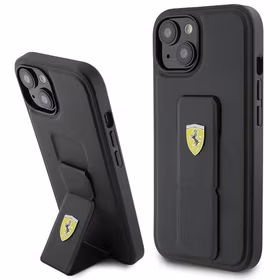 Ferrari Grip Stand Metal Logo dėklas iPhone 15 – juodas