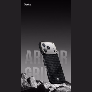 Juodas „Benks Magnetic Armor Air Armor Grid 600D“ kevlaro dėklas su metaliniu rėmeliu (C.K.FL.AP.BK.0073), skirtas iPhone 18 Pro Max / iPhone 17 Pro Max