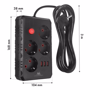 Maclean elektros paskirstytuvas, 4 lizdai + 3xUSB prailginimo laidas, 110–240 V kintama srovė, 50/60 Hz, 2,1 A, maks. 2500 W, 3 m, juodas, MCE393 B