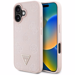 Guess Grained Hot Stamp Peony trikampio logotipo magnetinis dėklas telefonui iPhone 16 - rožinis